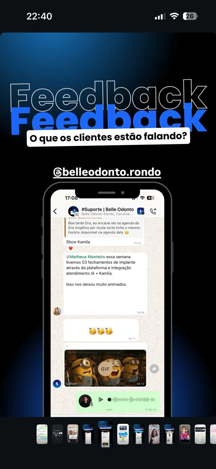 Print de conversa da Belle Odonto Rondo sobre 3 fechamentos em uma semana pela plataforma